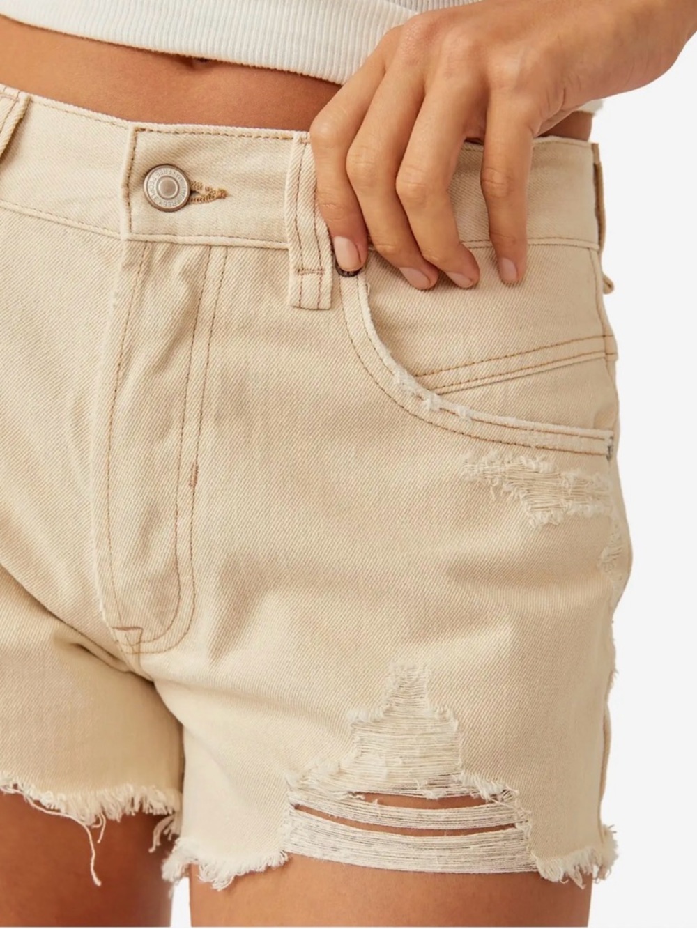 We The Free Beige Distressed High-Rise Jean Shorts